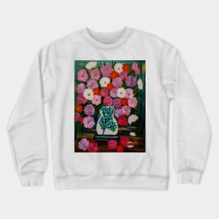 A beautiful bouquet of mixed flowers in a white vase with a tree painted on it Crewneck Sweatshirt